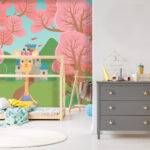 nature inspired mural, pink wallpaper, bedroom wallpaper, girl room interior,