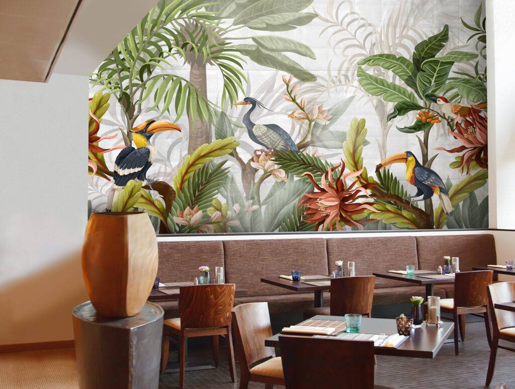 Birds and tropical leaves wall mural – Nouqoush