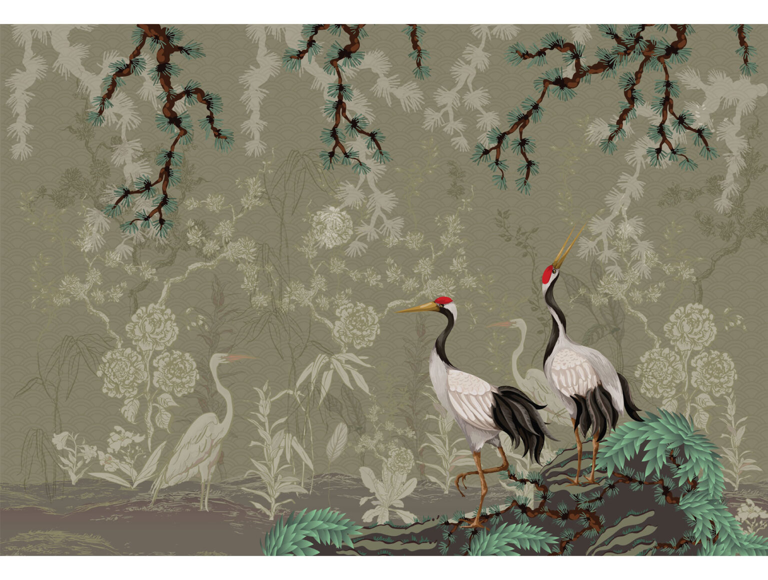 Green chinoiserie wallpaper mural - Nouqoush