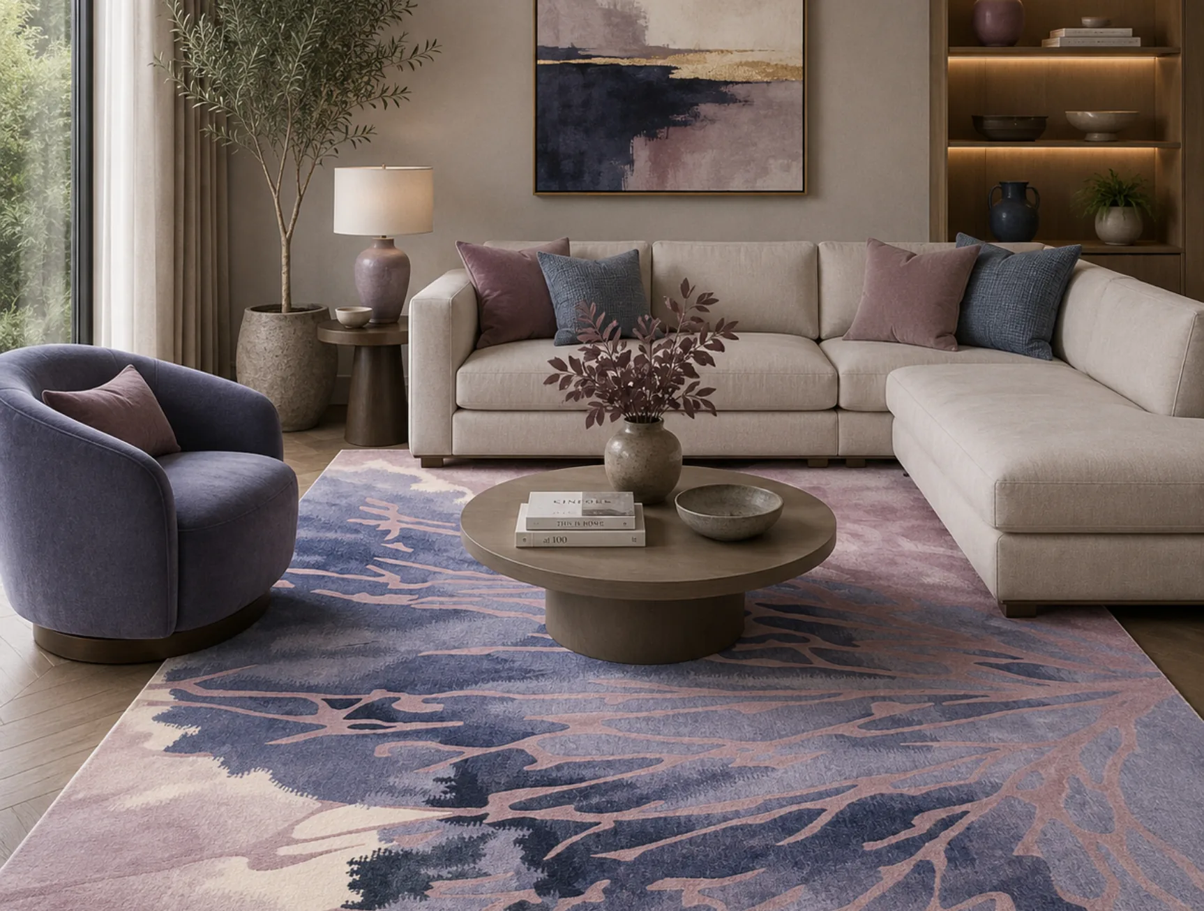 Blue Coral Mirage Rug (room) Blue Coral Mirage Rug, hand-tufted rug in a living room setting