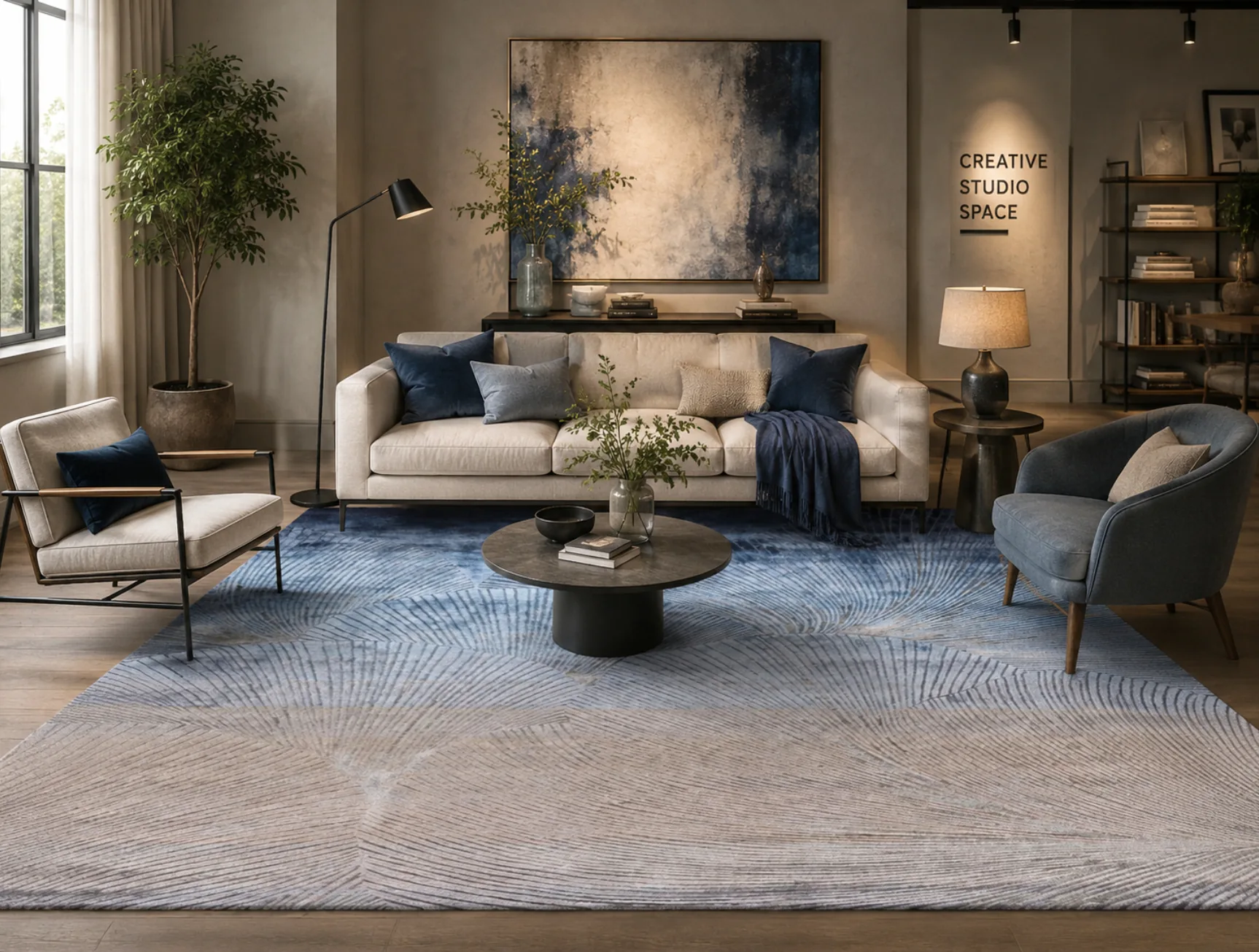Fossil Mirage Rug (room) Fossil Mirage Rug, hand-tufted rug in a living room setting