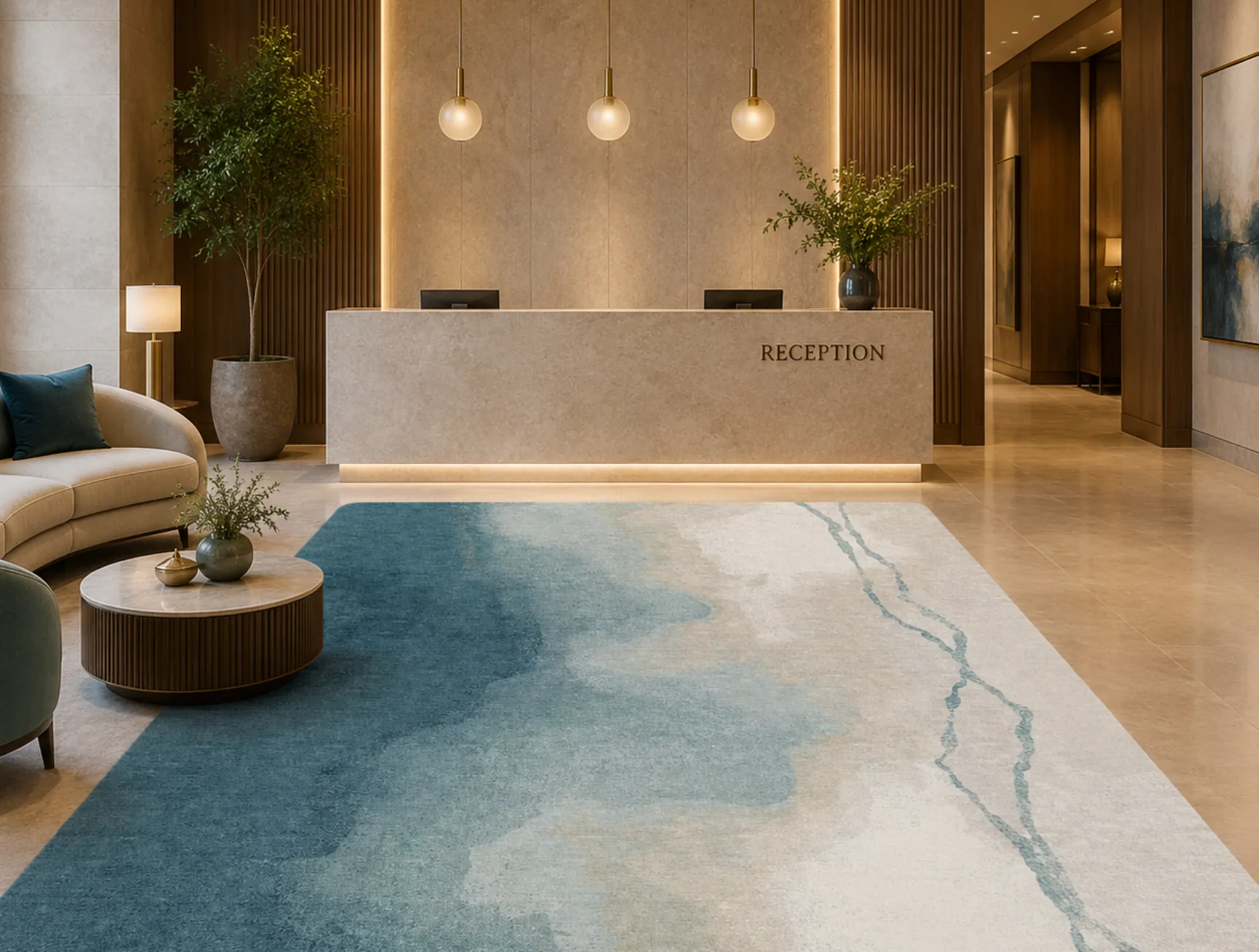 Intermixture Mirage Rug (room) Intermixture Mirage Rug, hand-tufted rug in a hotel lobby or corridor setting