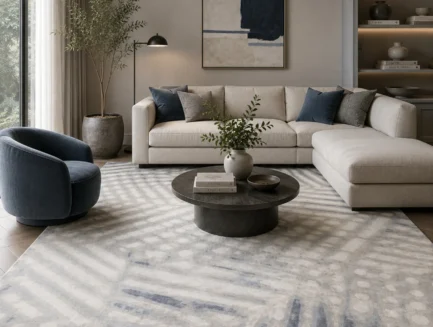 Leaf Mirage Rug, hand-tufted rug in a living room setting