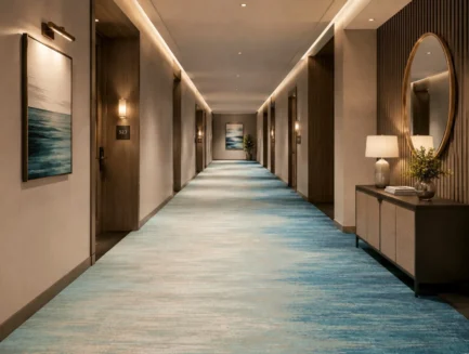 Misted Horizon Mirage Rug, hand-tufted rug in a hotel lobby or corridor setting