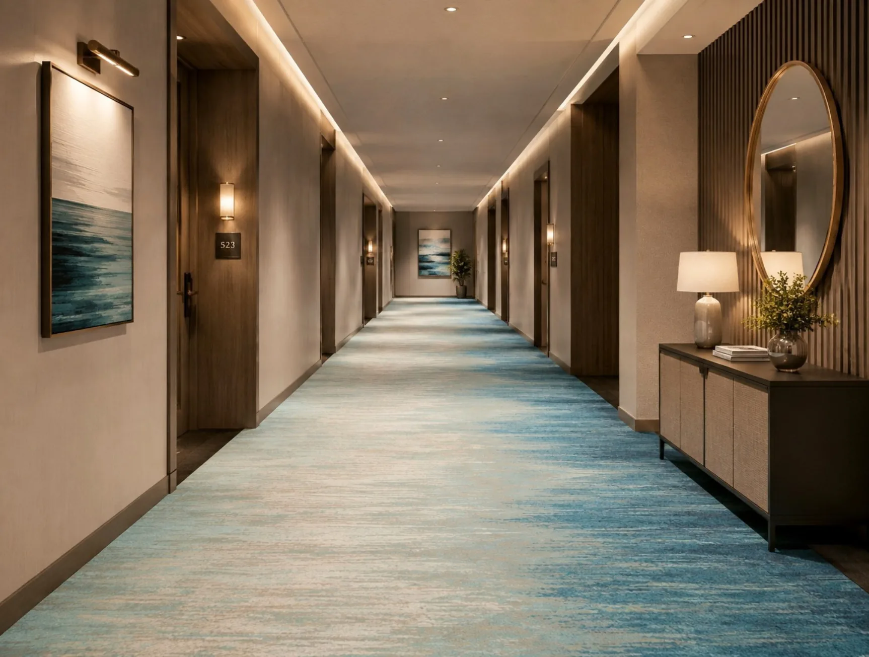 Misted Horizon Mirage Rug (room) Misted Horizon Mirage Rug, hand-tufted rug in a hotel lobby or corridor setting