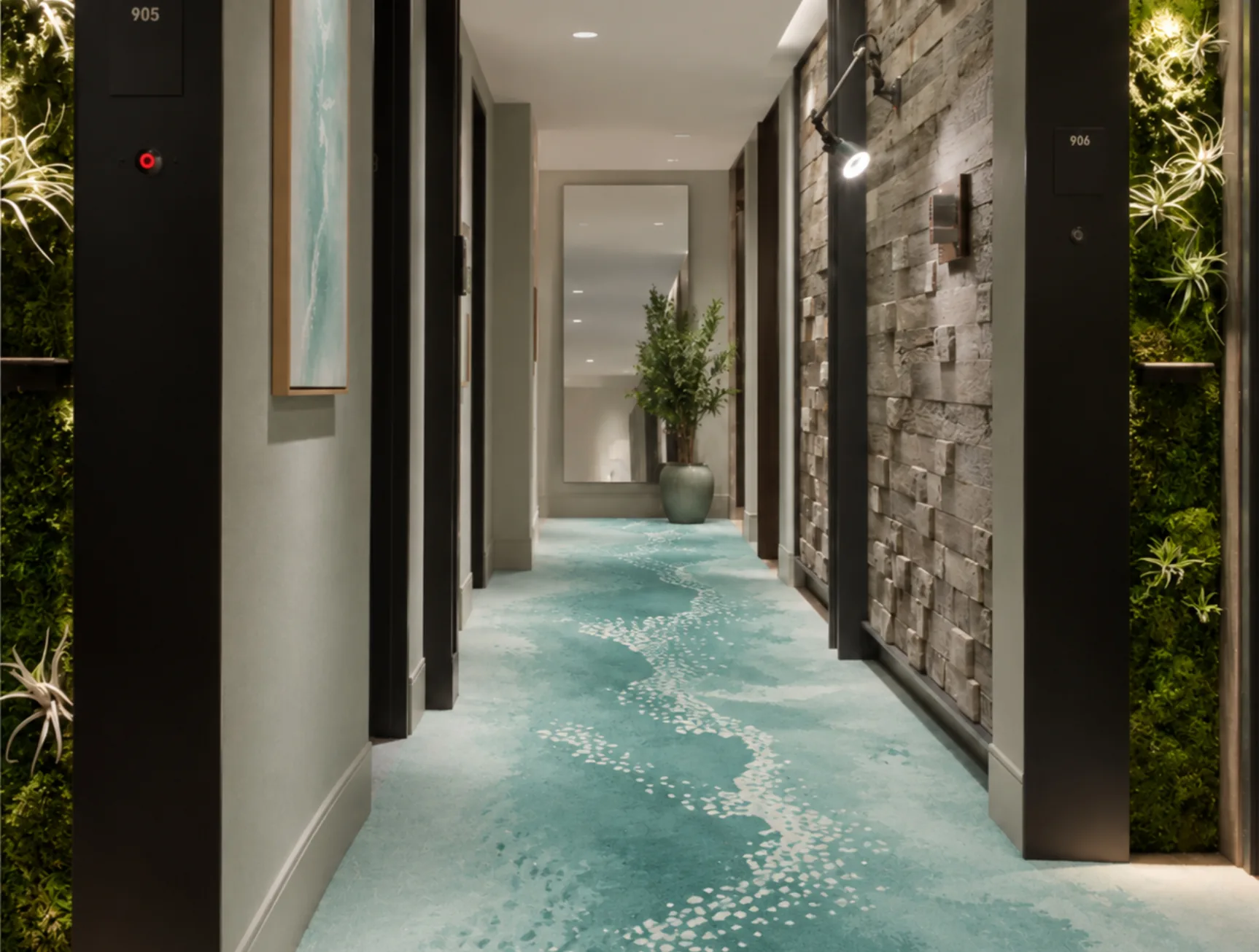 Ocean Ripple Mirage Rug (room) Ocean Ripple Mirage Rug, hand-tufted rug in a hotel lobby or corridor setting