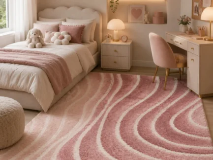 Shell Mirage Rug, hand-tufted rug in a bedroom setting