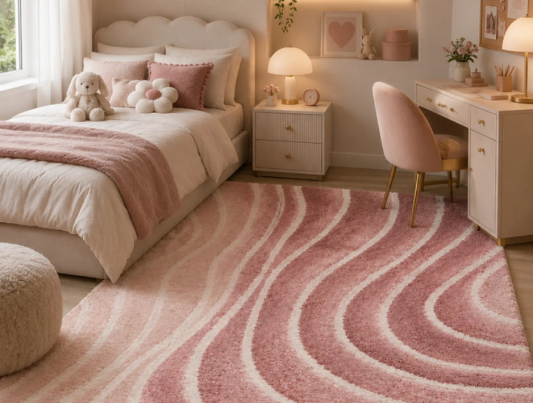 Shell Mirage Rug (room) Shell Mirage Rug, hand-tufted rug in a bedroom setting