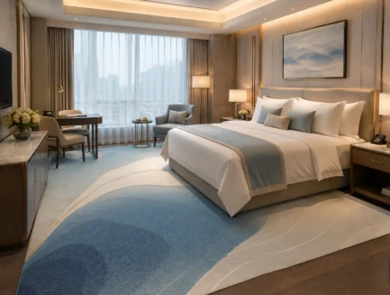 Silent Tide Mirage Rug, hand-tufted rug in a bedroom setting