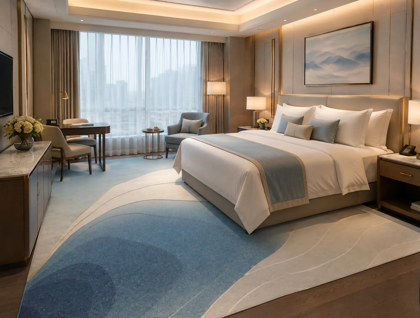 Silent Tide Mirage Rug (room) Silent Tide Mirage Rug, hand-tufted rug in a bedroom setting