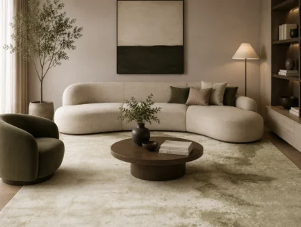 Trace Mirage Rug, hand-tufted rug in a living room setting