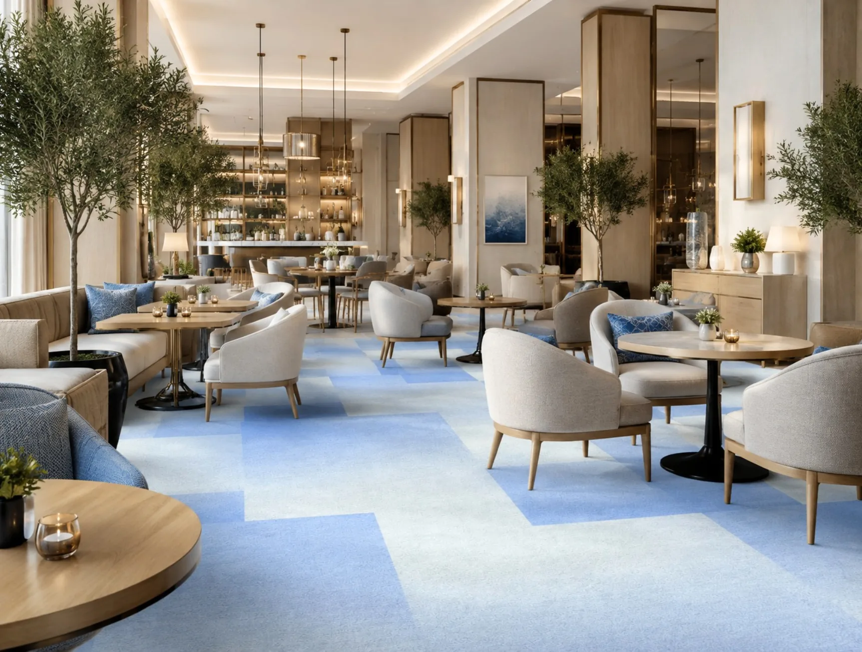 Winter Blocks Mirage Rug (room) Winter Blocks Mirage Rug, hand-tufted rug in a hotel lobby or corridor setting
